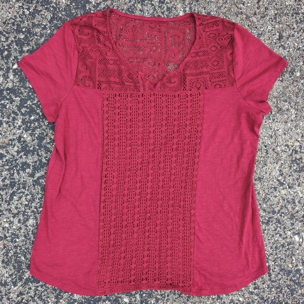 Northcrest wine red casual crochet tshirt XL women's